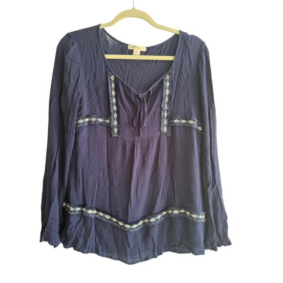 Teint Women’s Long Sleeve Navy Boho Embroidered Top size Medium - Picture 2 of 6